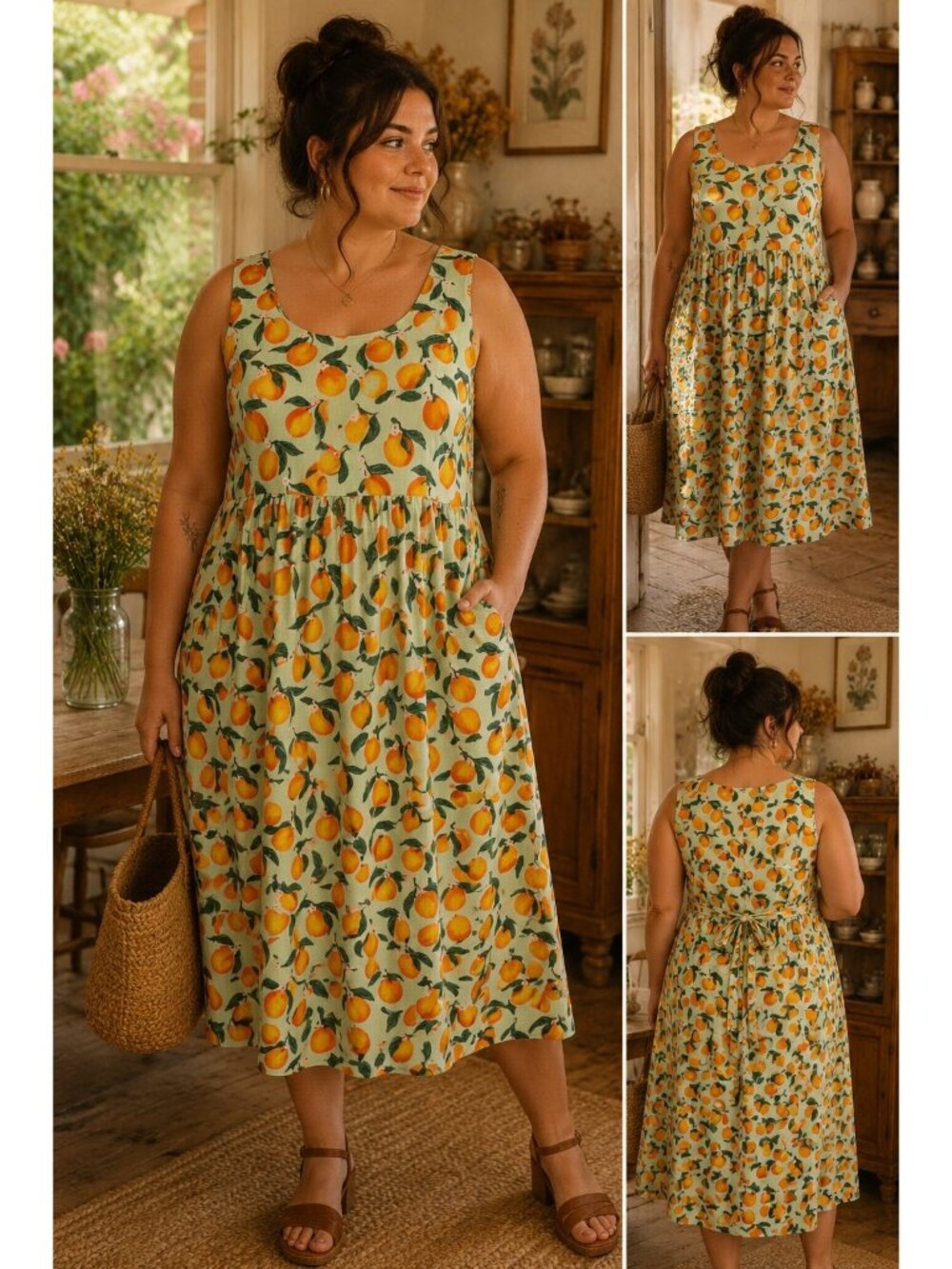 Princess Highway Orange Print Organic Cotton Midi Dress Size 16 Tie Back Cottage
